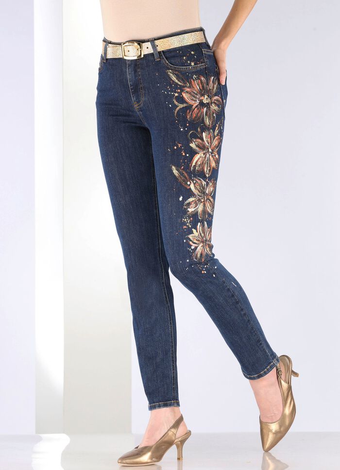 Edel-Jeans mit handbemalten, floralen Motiven 