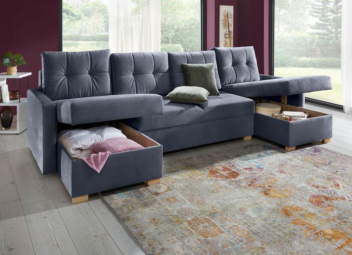 Gem&uuml;tliche Wohnlandschaft mit Bettfunktion und 3 Bettk&auml;sten ANTHRAZIT