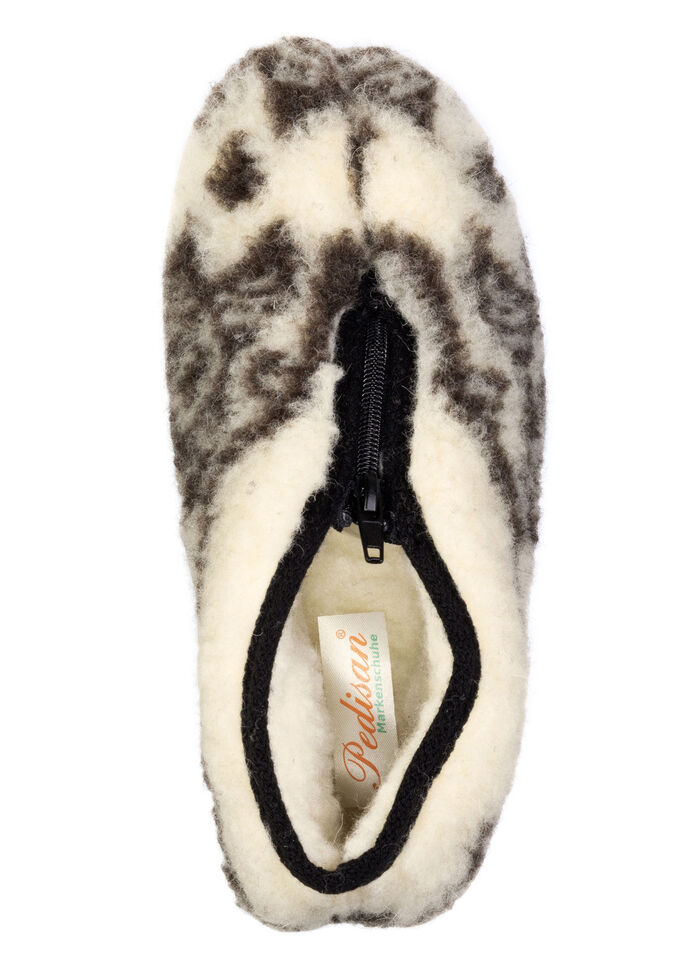 Warme Damen-Hausschuhe, mit Reißverschluss ECRU-BRAUN