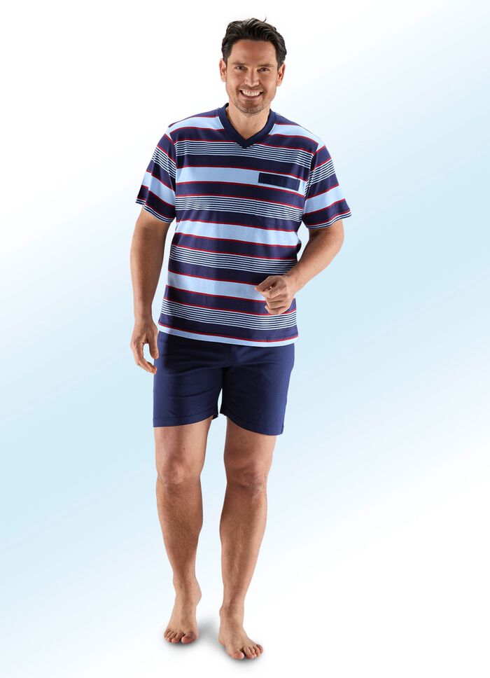 Zweierpack Shortys mit V-Ausschnitt, Brusttasche, garngef&auml;rbtem Ringeldessin 