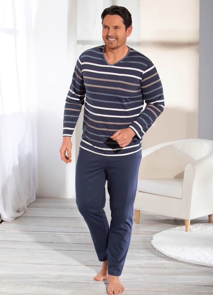 Schlafanzug mit V-Ausschnitt und garngef&auml;rbtem Ringeldessin 