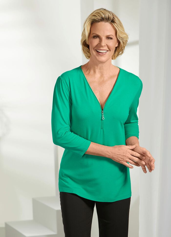 Shirt mit Rei&szlig;verschluss am V-Ausschnitt GR&Uuml;N