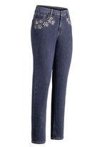 Jeans mit handbemalten, floralen Motiven 