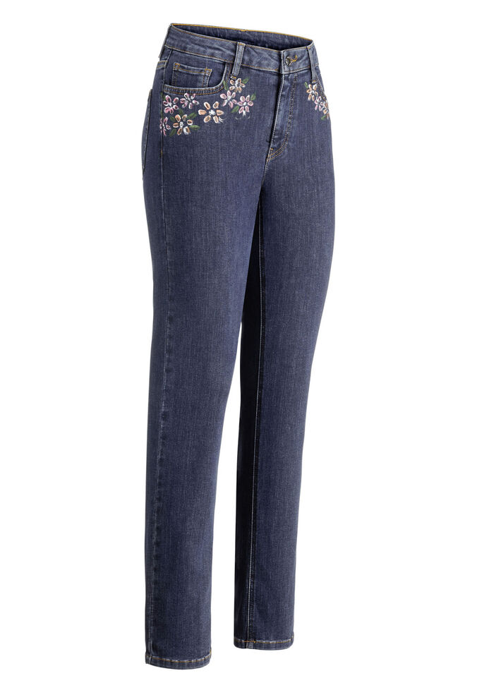 Jeans mit handbemalten, floralen Motiven 