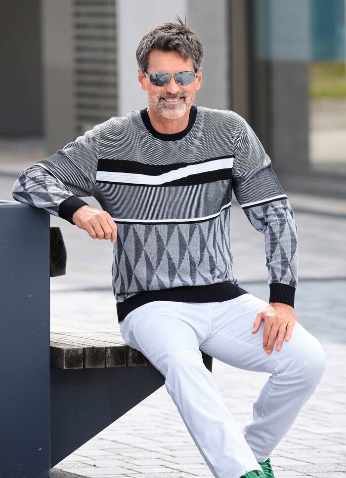 Gemusterter Rundhalspullover in 2 Farben SCHWARZ-WEISS