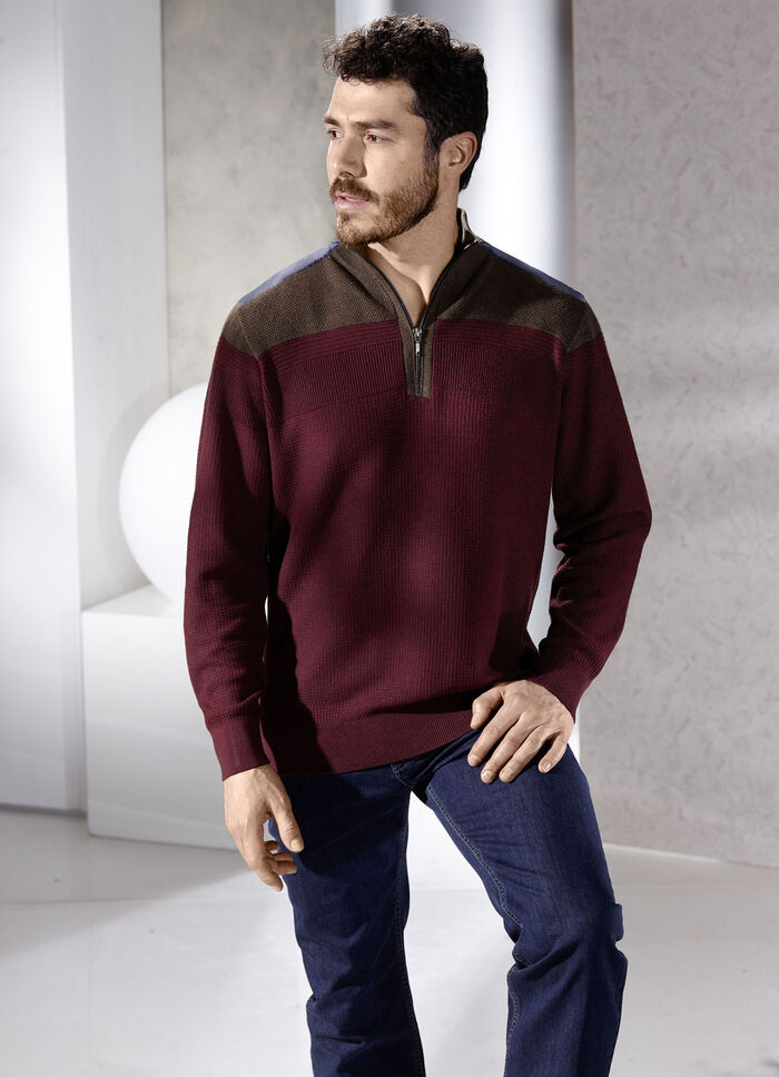 Stehkragenpullover mit Strukturmix WEINROT-BRAUN MELIERT