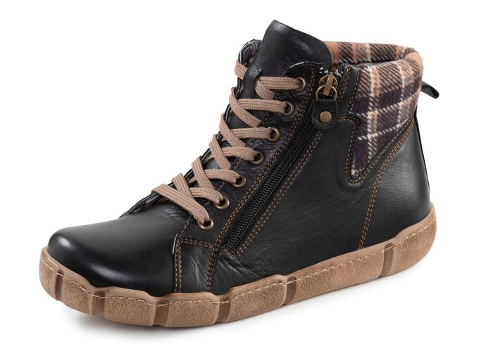 Andrea Conti Schn&uuml;r-Bootie mit Schaftrand aus kariertem Textil SCHWARZ-BRAUN