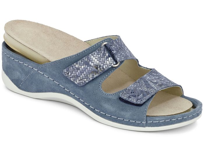 Mubb, bequeme Damen-Pantoletten, Weite H, mit herausnehmbarem Fu&szlig;bett JEANSBLAU