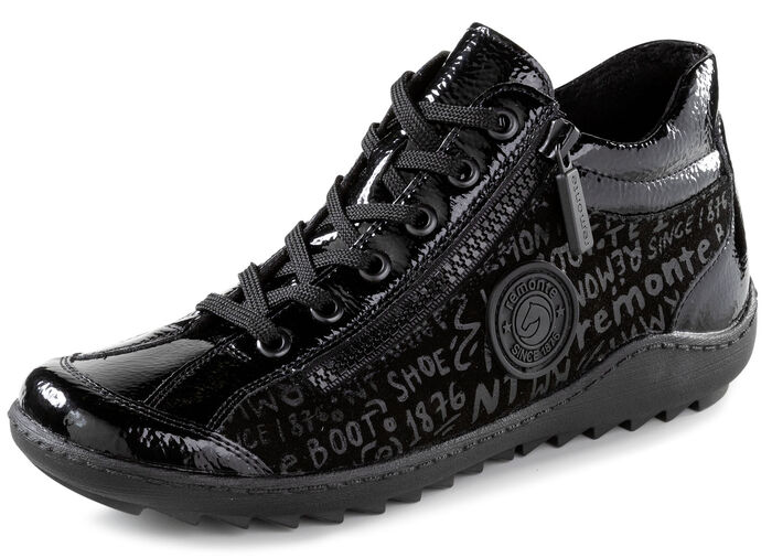 Remonte Schn&uuml;r-Bootie aus Crashlack SCHWARZ