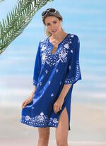 Tunika mit wei&szlig;er Stickerei sowie Seitenschlitzen, reine Baumwolle ROYALBLAU-WEISS