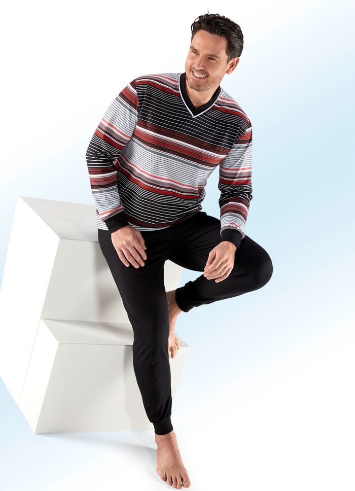 Schlafanzug mit Ringeldessin, V-Ausschnitt und Brusttasche 