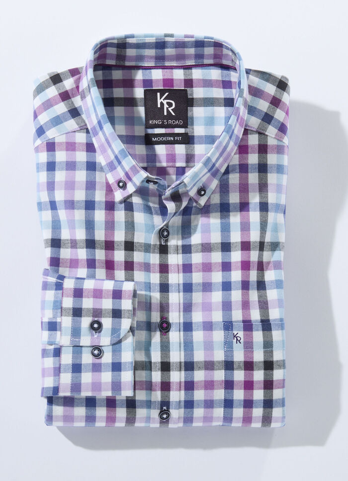 "King's Road"-Hemd mit Button-Down-Kragen in 4 Farben FLIEDER-BLAU-ECRU KARIERT