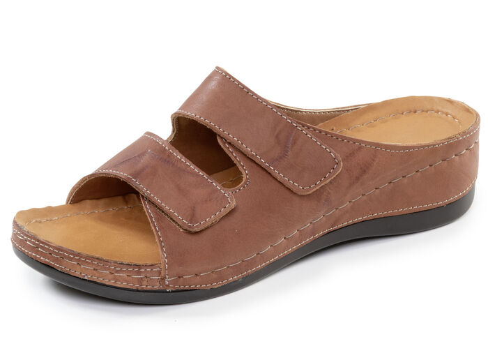 Bequeme Damen-Pantoletten, Weite G, mit Klettverschluss BRAUN
