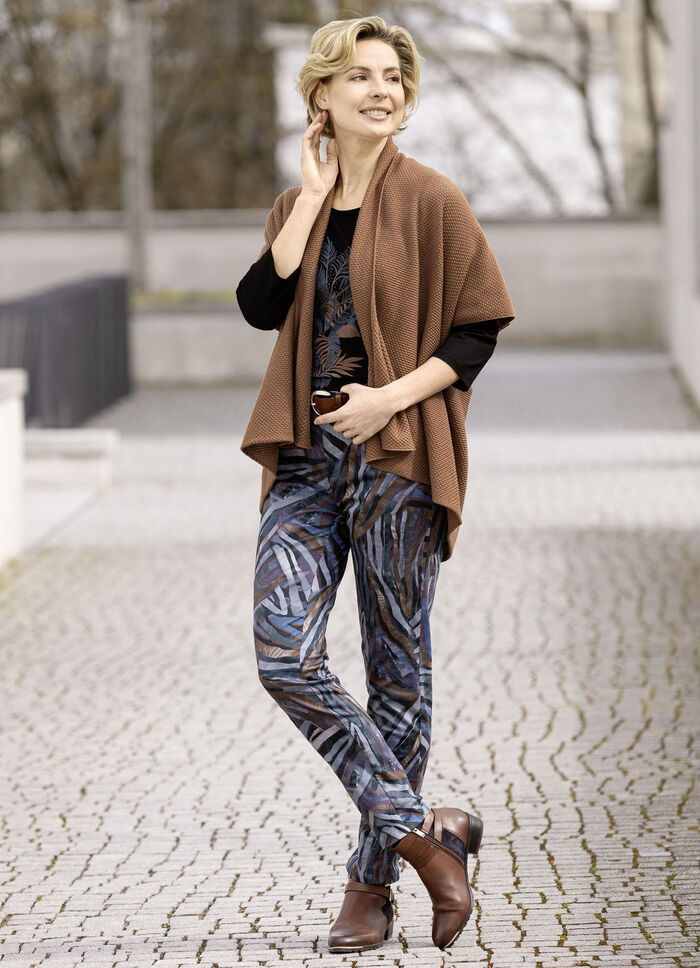 Hose mit r&uuml;ckw&auml;rtigen Dehnbundeins&auml;tzen JEANSBLAU-SCHOKO-AUBERGINE