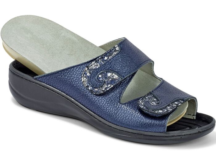 Mubb, bequeme Damen-Pantoletten, Weite H, mit herausnehmbarem Fu&szlig;bett STAHLBLAU