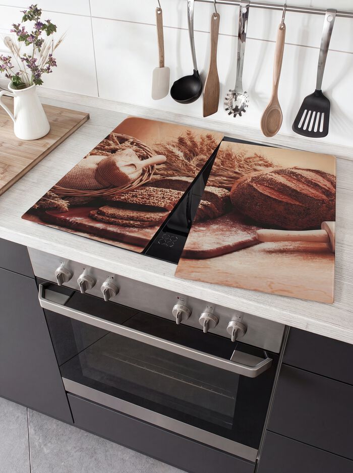 Herdabdeckplatten aus Glas, 2er-Set, Motiv Brot 