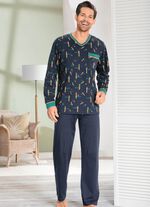 Schlafanzug mit dessiniertem Oberteil, V-Ausschnitt und Brusttasche 