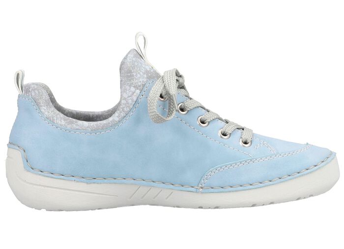 Rieker Schn&uuml;rschuh aus floral bedrucktem Textilmaterial mit Metallicschimmer HELLBLAU-GRAU