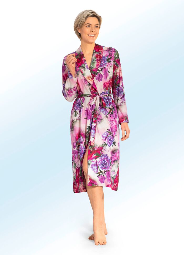 Hausmantel mit Blumen- und Blätter-Dessin 