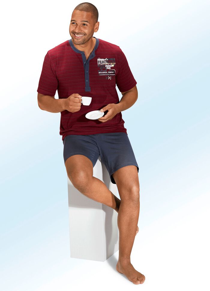 Zweierpack Shortys mit langer Knopfleiste, garngef&auml;rbtem Ringeldessin und Druckmotiv 