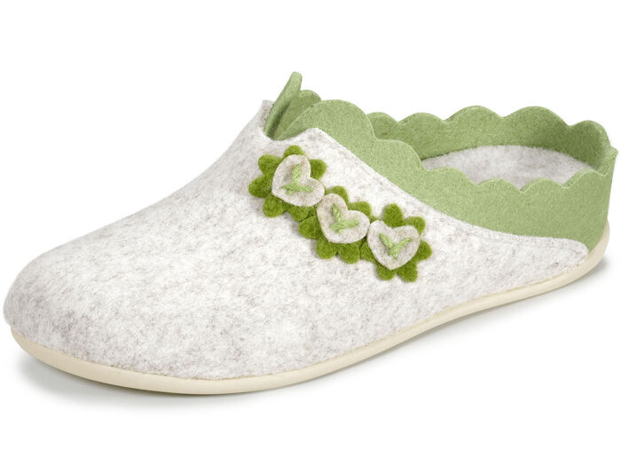 Laurina Filz-Pantoffel mit pfifiger Applikation ECRU-GR&Uuml;N
