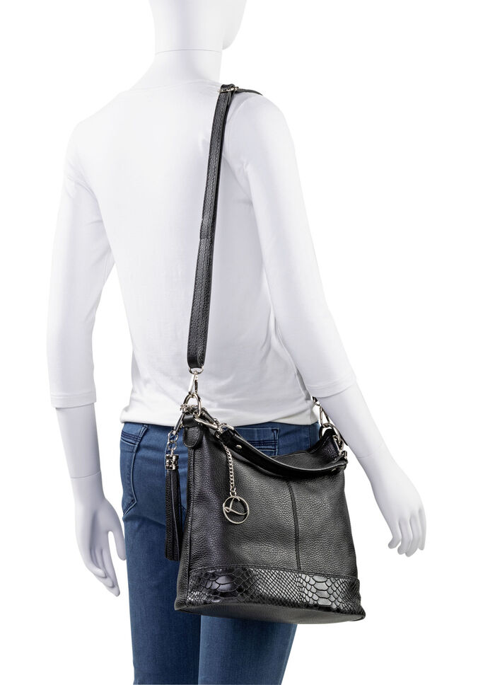 Laurina Kalbleder-Tasche mit reptilgepr&auml;gtem Besatz SCHWARZ