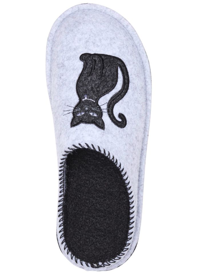 Klassiche Damen-Hausschuhe, Weite H, mit niedlicher Katzen-Applikation HELLGRAU