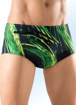 Badehose in h&ouml;herer Slipform mit buntem Druckdessin allover SCHWARZ-GR&Uuml;N-GELB