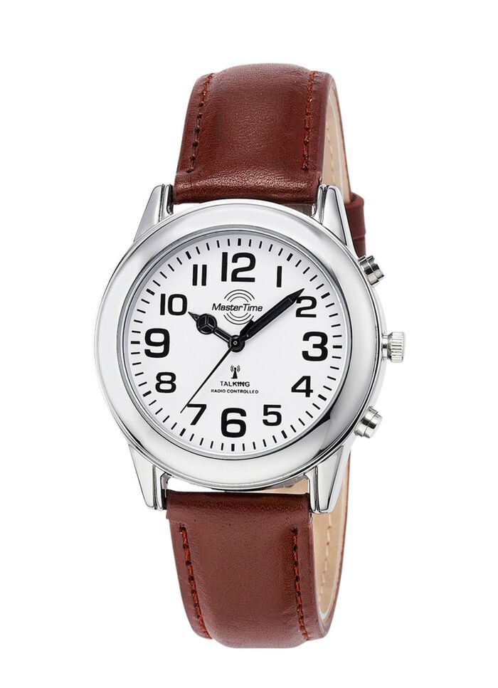 Funk-Herrenuhr mit Lederband und sprechender Zeitansage 