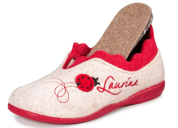 Laurina Filz-Hausschuh mit fantasievoller Stickerei ECRU-ROT