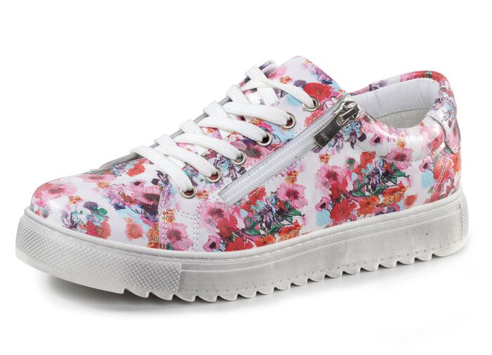 Gemini Schn&uuml;r-Sneaker aus beschichtetem, floral bedrucktem Nappaleder WEISS-PINK