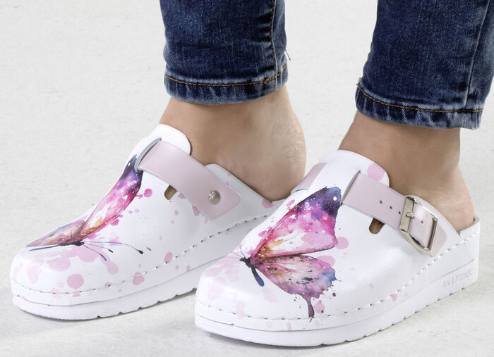 ELENA EDEN, klassische Damen-Clogs, Weite, G, mit verstellbarer Schließe WEISS-BUNT