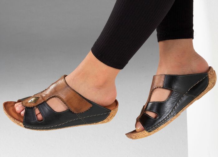 Gemini, bequeme Damen-Pantoletten, Weite G, mit Klettverschluss SCHWARZ-COGNAC