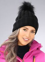 Trendige Damen-M&uuml;tze mit breitem Umschlag und Kunstfell-Bommel 