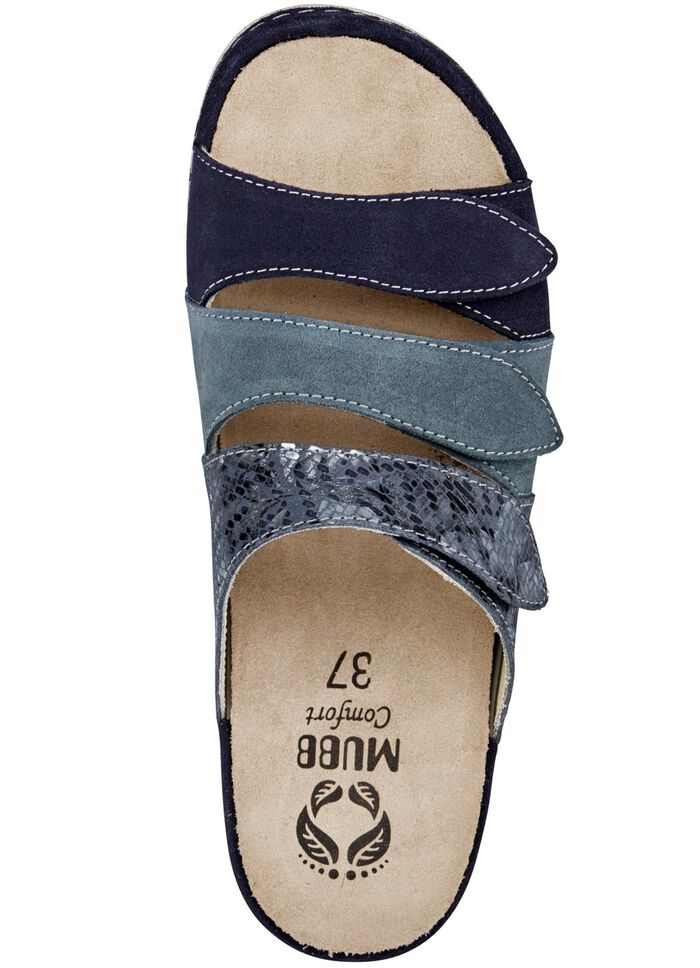 Mubb, bequeme Damen-Pantoletten, Weite H, mit herausnehmbarem Fu&szlig;bett BLAU