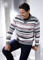 V-Pullover in aufwendiger Verarbeitung ECRU-MARINE-BORDEAUX GESTREIFT