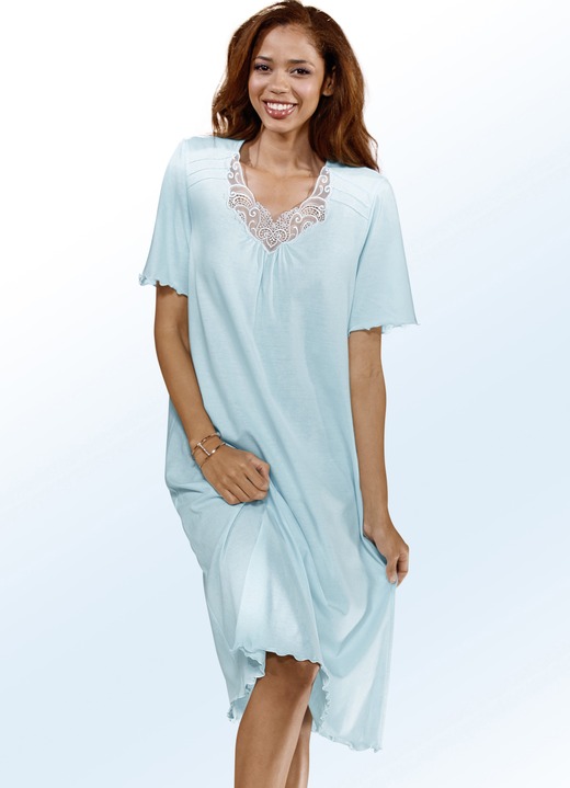 Wäsche - Nachthemd, Kurzarm mit V-Ausschnitt und Spitze, in Größe 038 bis 060, in Farbe GLETSCHER Ansicht 1
